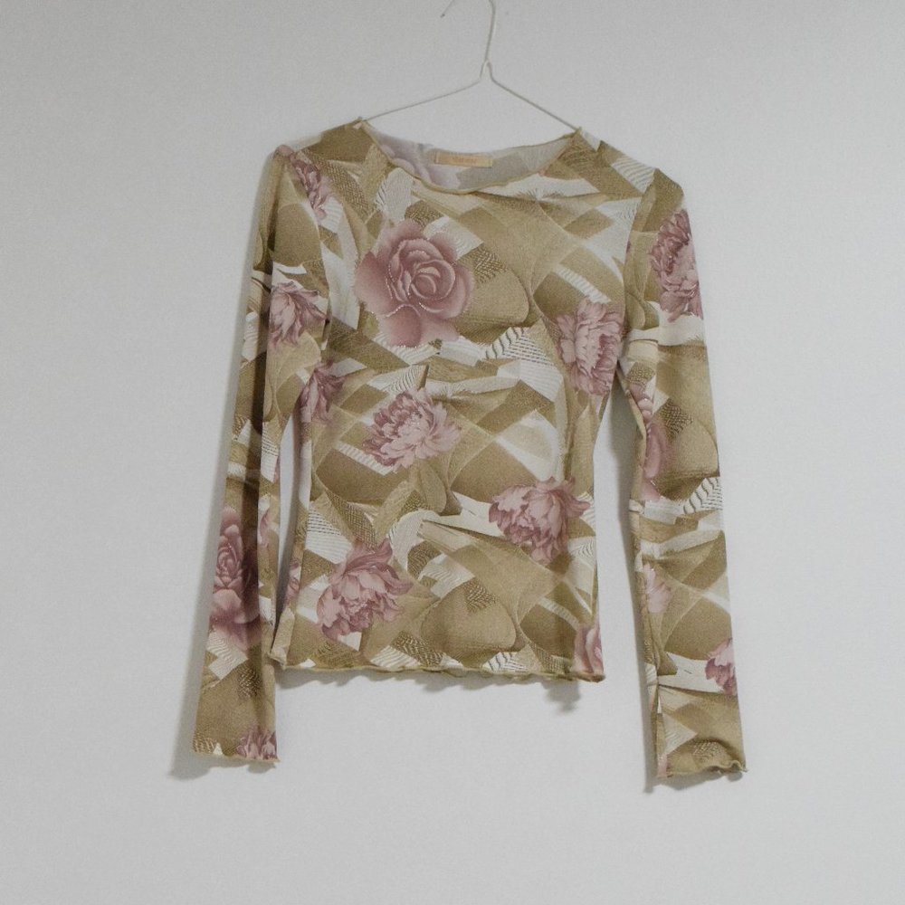 Rose & Peony Print Lettuce Hem Stretchy Long Sleeve Shirt | Size S